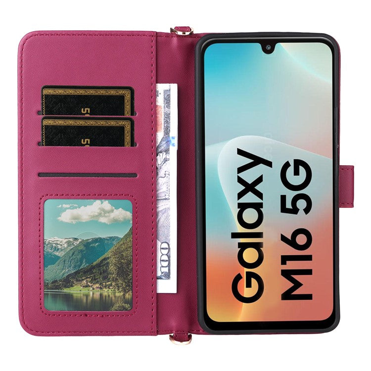 For Samsung Galaxy M16 5G  /  F16 5G Wallet Case with Shoulder / Wrist Strap Leather Phone Cover Stand - Rose