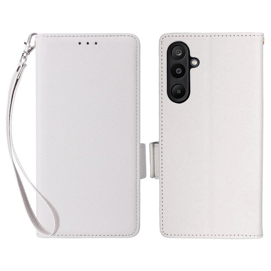 For Samsung Galaxy M16 5G  /  F16 5G Case with Wrist Strap Litchi Texture PU Leather Wallet Phone Cover - White