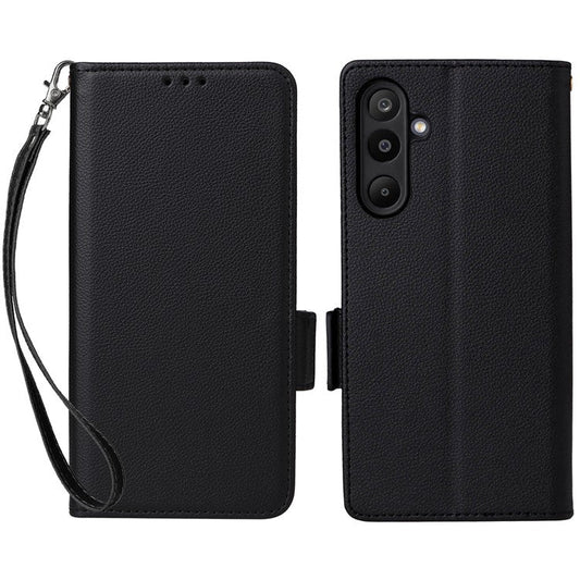 For Samsung Galaxy M16 5G  /  F16 5G Case with Wrist Strap Litchi Texture PU Leather Wallet Phone Cover - Black
