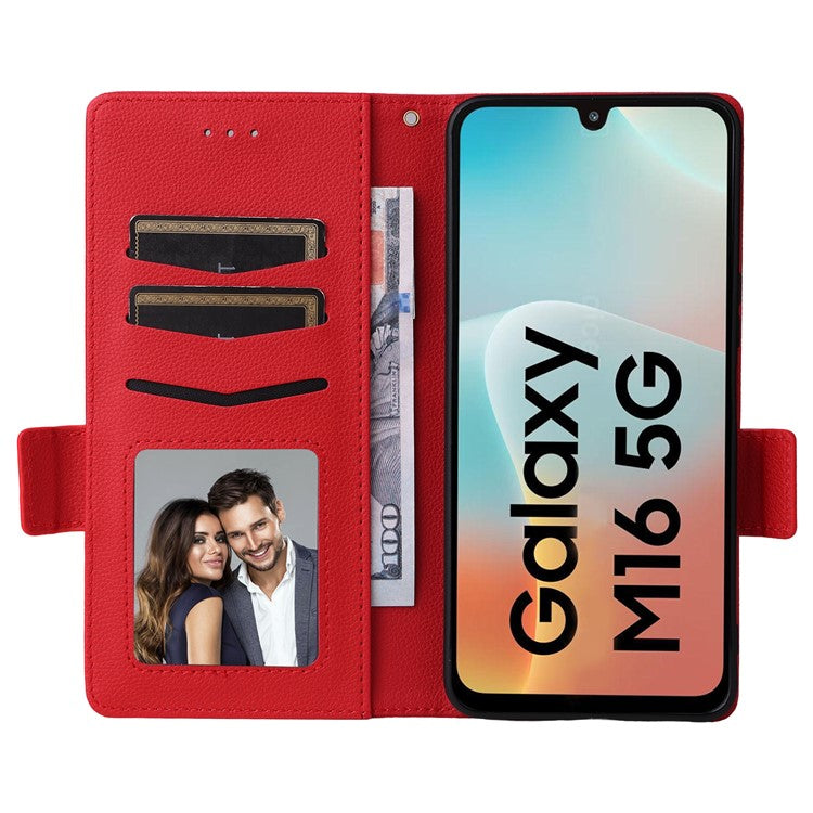 For Samsung Galaxy M16 5G  /  F16 5G Case with Wrist Strap Litchi Texture PU Leather Wallet Phone Cover - Red