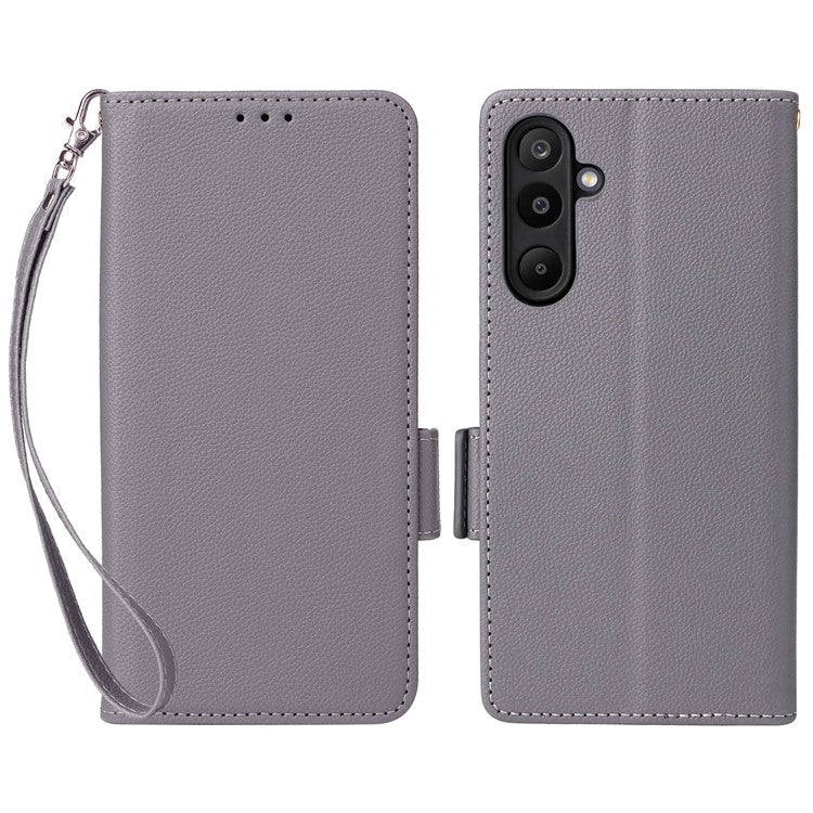 For Samsung Galaxy M16 5G  /  F16 5G Case with Wrist Strap Litchi Texture PU Leather Wallet Phone Cover - Grey