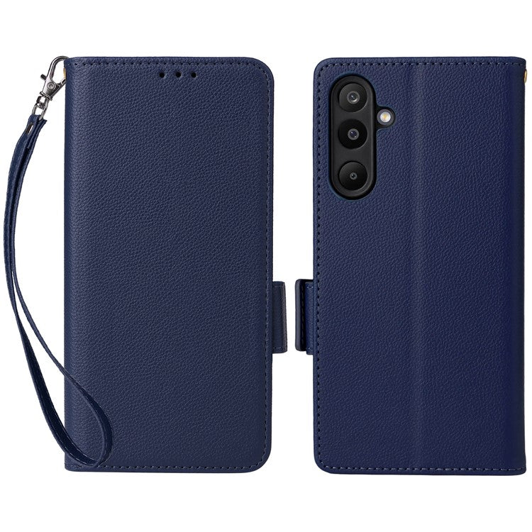 For Samsung Galaxy M16 5G  /  F16 5G Case with Wrist Strap Litchi Texture PU Leather Wallet Phone Cover - Dark Blue