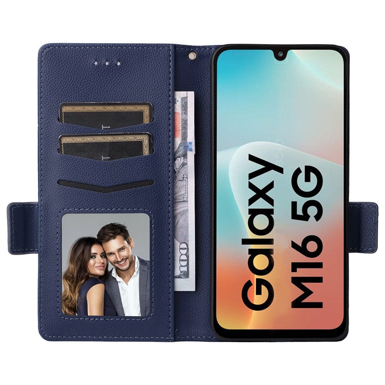 For Samsung Galaxy M16 5G  /  F16 5G Case with Wrist Strap Litchi Texture PU Leather Wallet Phone Cover - Dark Blue