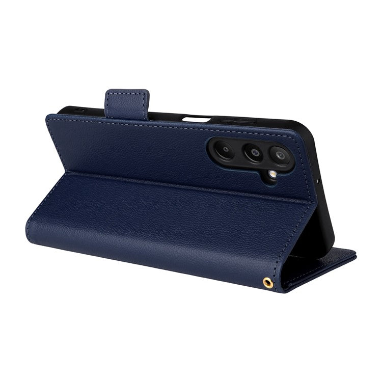 For Samsung Galaxy M16 5G  /  F16 5G Case with Wrist Strap Litchi Texture PU Leather Wallet Phone Cover - Dark Blue