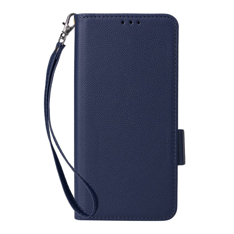 For Samsung Galaxy M16 5G  /  F16 5G Case with Wrist Strap Litchi Texture PU Leather Wallet Phone Cover - Dark Blue