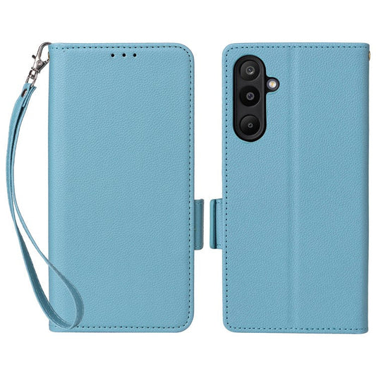 For Samsung Galaxy M16 5G  /  F16 5G Case with Wrist Strap Litchi Texture PU Leather Wallet Phone Cover - Baby Blue