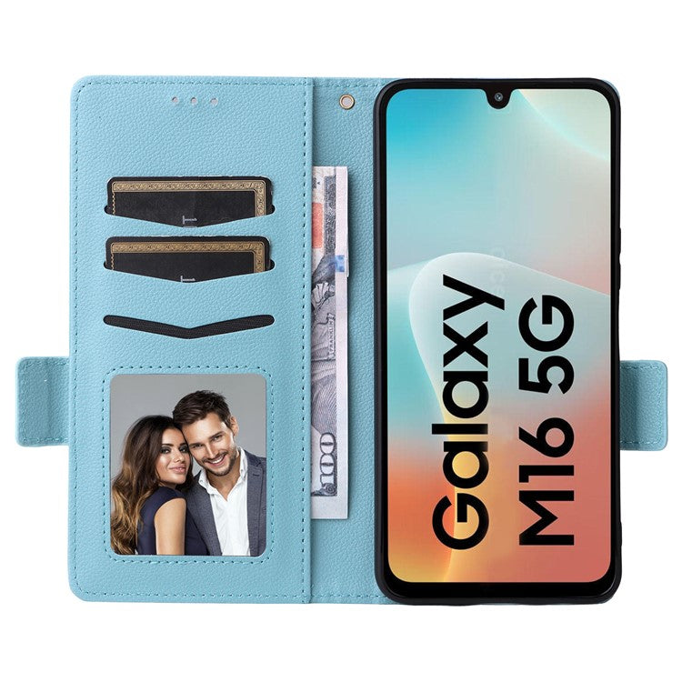 For Samsung Galaxy M16 5G  /  F16 5G Case with Wrist Strap Litchi Texture PU Leather Wallet Phone Cover - Baby Blue