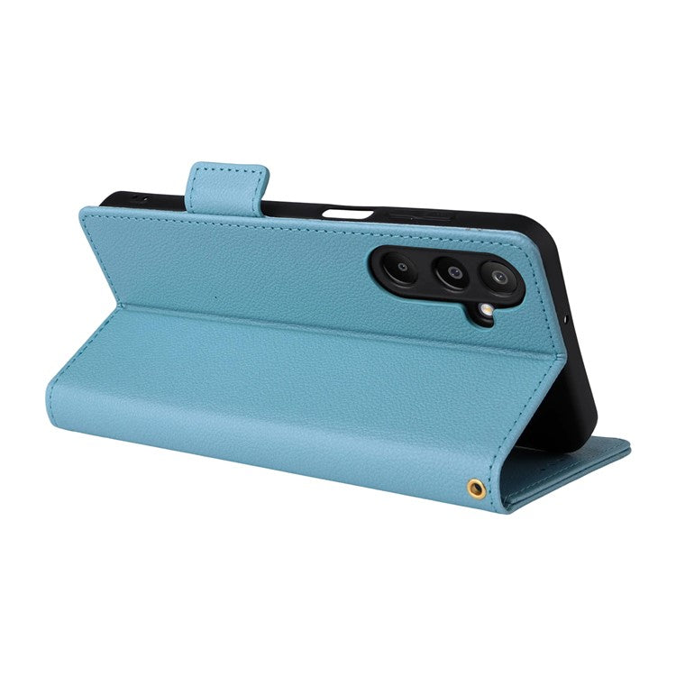 For Samsung Galaxy M16 5G  /  F16 5G Case with Wrist Strap Litchi Texture PU Leather Wallet Phone Cover - Baby Blue