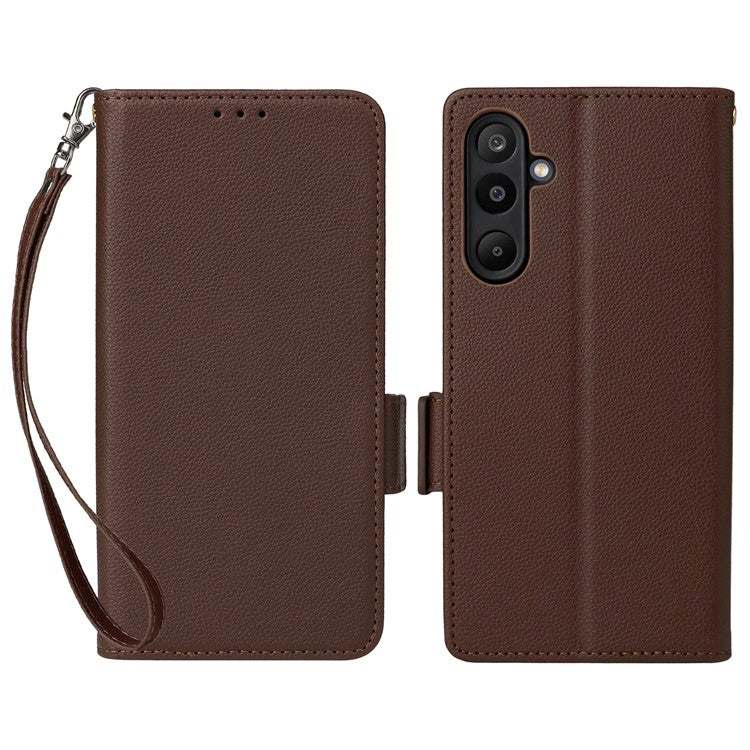 For Samsung Galaxy M16 5G  /  F16 5G Case with Wrist Strap Litchi Texture PU Leather Wallet Phone Cover - Brown