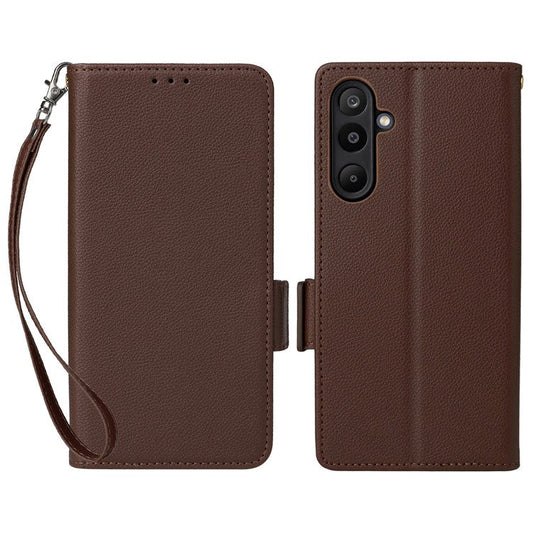 For Samsung Galaxy M16 5G  /  F16 5G Case with Wrist Strap Litchi Texture PU Leather Wallet Phone Cover - Brown