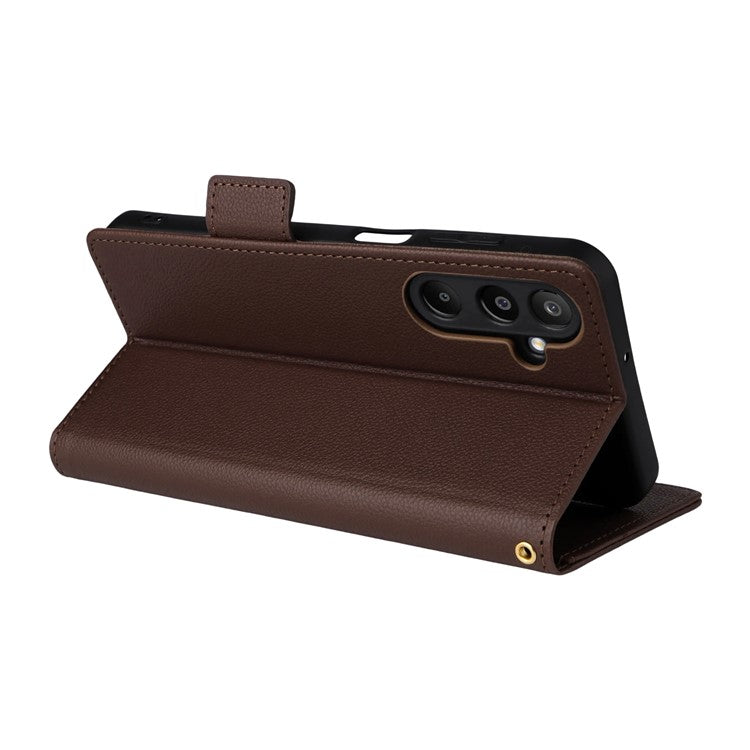 For Samsung Galaxy M16 5G  /  F16 5G Case with Wrist Strap Litchi Texture PU Leather Wallet Phone Cover - Brown