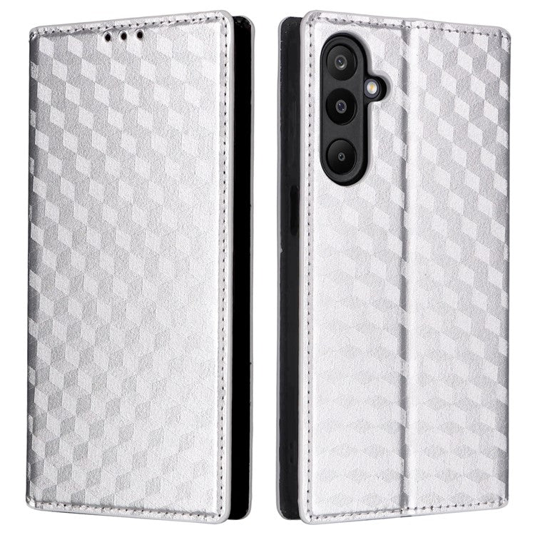 For Samsung Galaxy M16 5G  /  F16 5G Case Wallet Rhombus Imprinted Leather Phone Cover - Silver