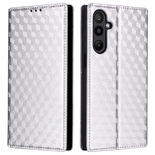 For Samsung Galaxy M16 5G  /  F16 5G Case Wallet Rhombus Imprinted Leather Phone Cover - Silver