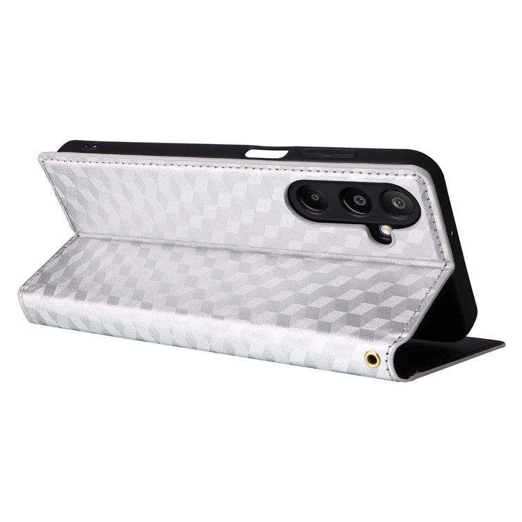 For Samsung Galaxy M16 5G  /  F16 5G Case Wallet Rhombus Imprinted Leather Phone Cover - Silver