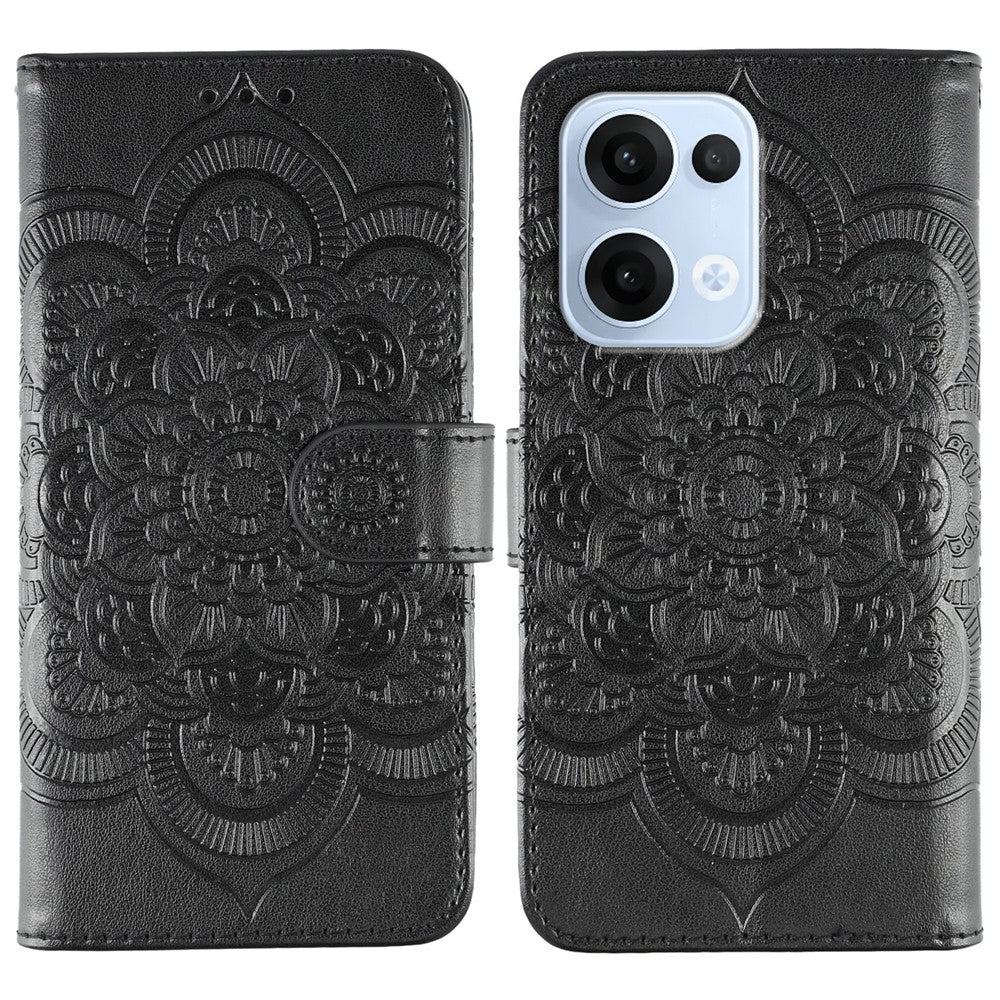 For Oppo Reno13 5G (Global) Case PU Leather Mandala Imprinted Design Wallet Phone Cover - Black