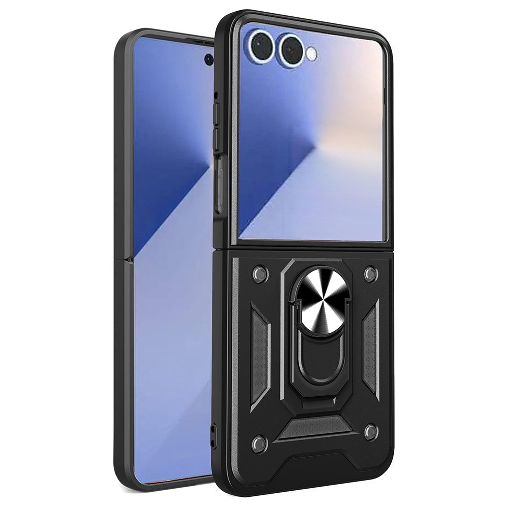 For Samsung Galaxy Z Flip7 5G Case with Slide Camera Lid PC + TPU Kickstand Phone Cover - Black