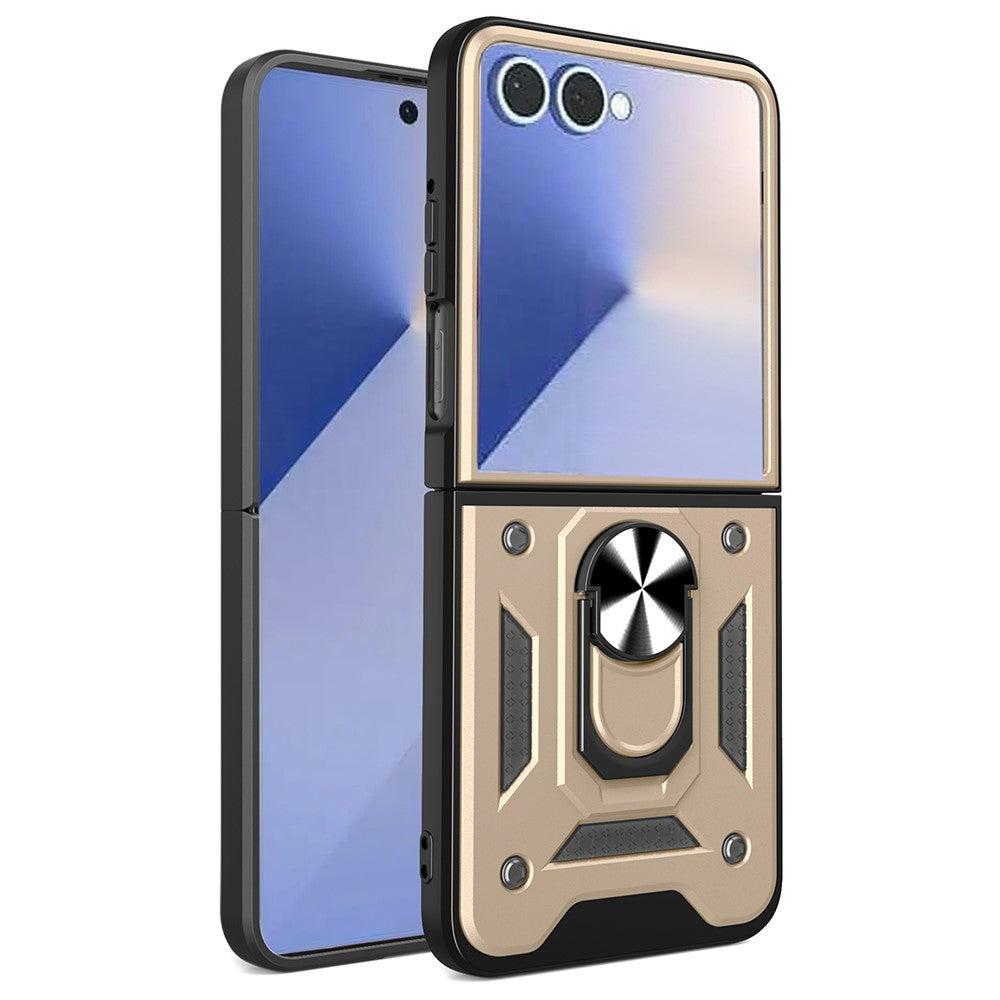 For Samsung Galaxy Z Flip7 5G Case with Slide Camera Lid PC + TPU Kickstand Phone Cover - Gold