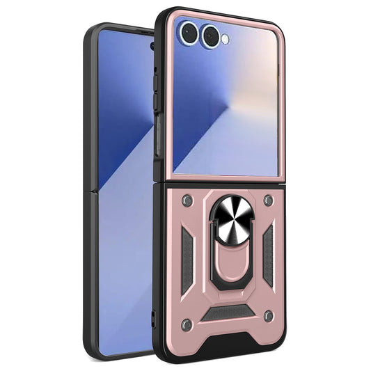 For Samsung Galaxy Z Flip7 5G Case with Slide Camera Lid PC + TPU Kickstand Phone Cover - Rose Gold