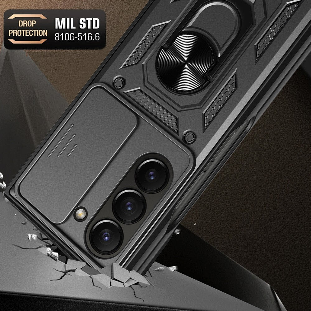 For Samsung Galaxy Z Fold7 5G Case with Slide Camera Lid PC + TPU Kickstand Phone Cover - Black Blue