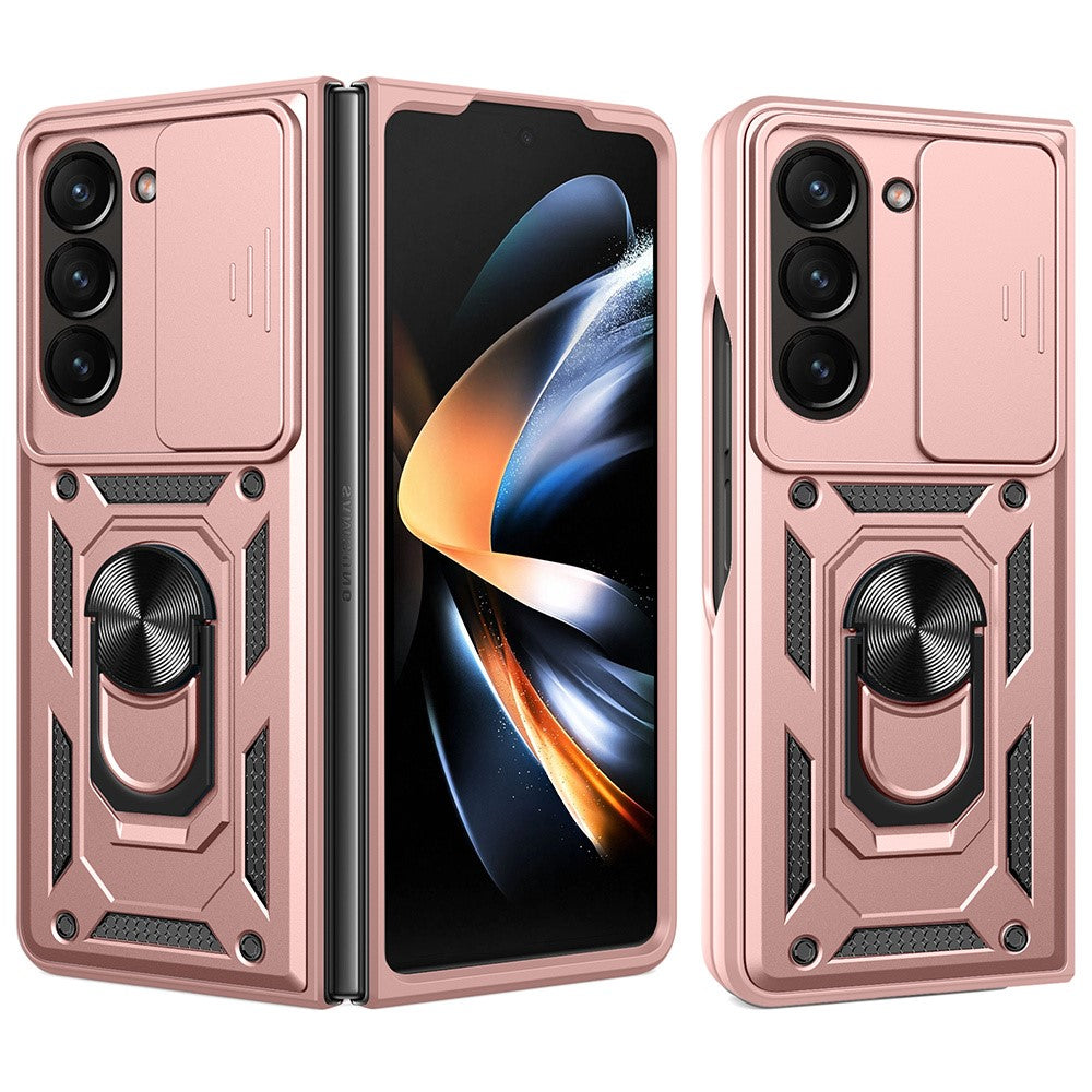 For Samsung Galaxy Z Fold7 5G Case with Slide Camera Lid PC + TPU Kickstand Phone Cover - Rose Gold