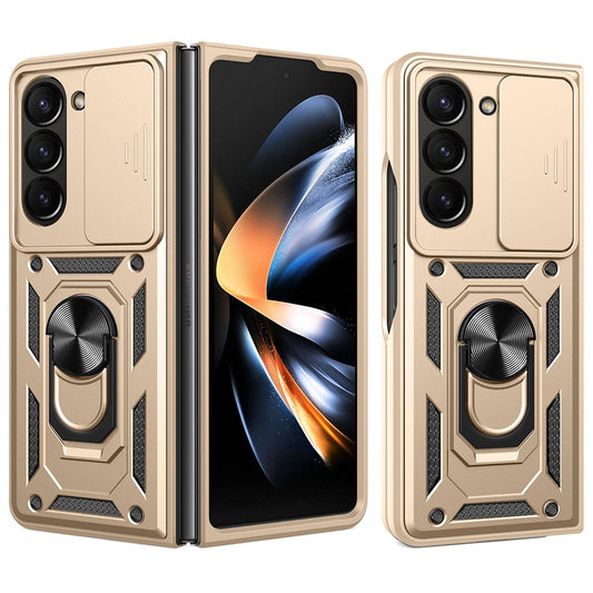 For Samsung Galaxy Z Fold7 5G Case with Slide Camera Lid PC + TPU Kickstand Phone Cover - Gold