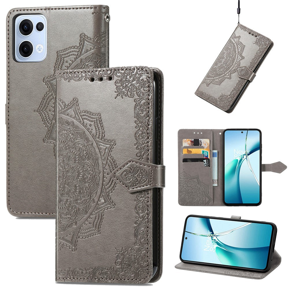 For Oppo Reno13 5G (Global) Wallet Case Mandala Flower Leather Phone Cover Stand - Grey