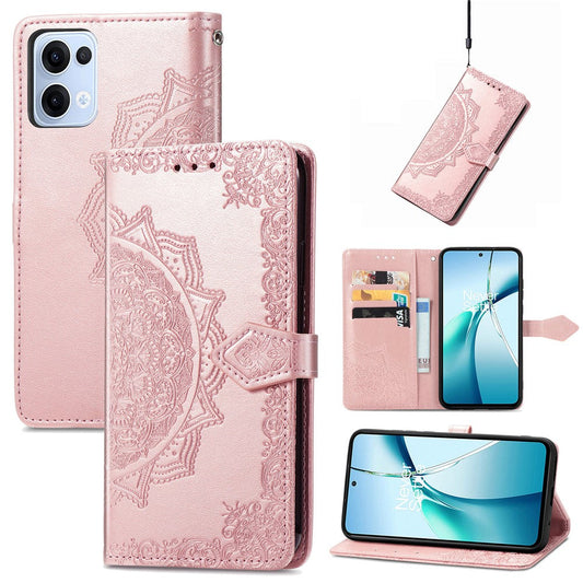 For Oppo Reno13 5G (Global) Wallet Case Mandala Flower Leather Phone Cover Stand - Rose Gold