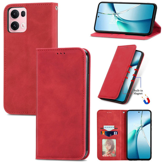 For Oppo Reno13 Pro 5G Leather Case with Card Holder Magnetic Absorption Phone Cover - Red