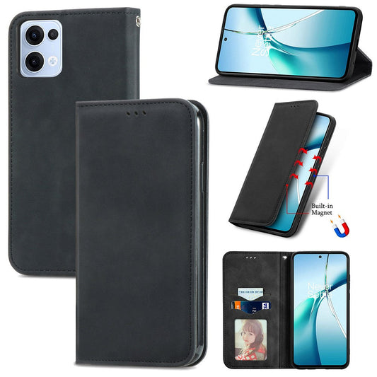 For Oppo Reno13 5G (Global) Leather Case with Card Holder Magnetic Absorption Phone Cover - Black