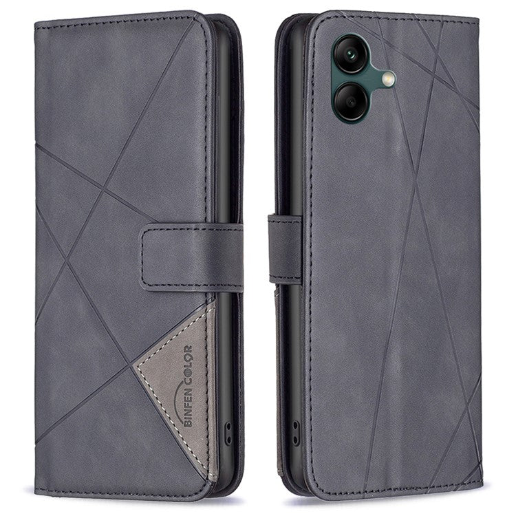 BINFEN COLOR For Samsung Galaxy F06 5G  /  M06 5G Phone Cases Wallet Stand Geometry Imprinted Leather Cover - Black