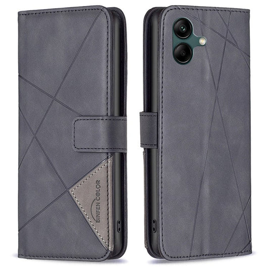 BINFEN COLOR For Samsung Galaxy F06 5G  /  M06 5G Phone Cases Wallet Stand Geometry Imprinted Leather Cover - Black