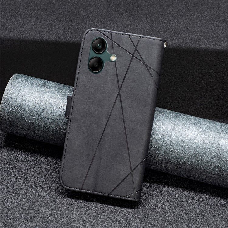 BINFEN COLOR For Samsung Galaxy F06 5G  /  M06 5G Phone Cases Wallet Stand Geometry Imprinted Leather Cover - Black