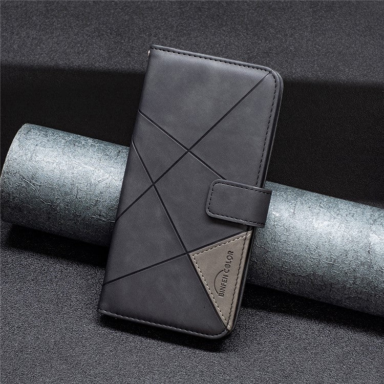 BINFEN COLOR For Samsung Galaxy F06 5G  /  M06 5G Phone Cases Wallet Stand Geometry Imprinted Leather Cover - Black