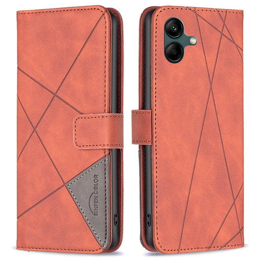 BINFEN COLOR For Samsung Galaxy F06 5G  /  M06 5G Phone Cases Wallet Stand Geometry Imprinted Leather Cover - Brown