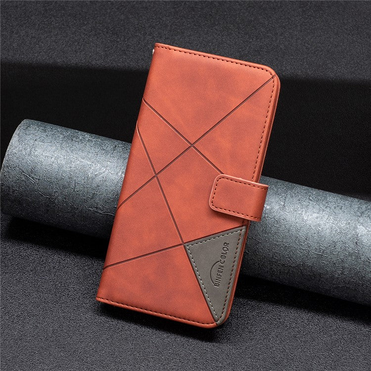 BINFEN COLOR For Samsung Galaxy F06 5G  /  M06 5G Phone Cases Wallet Stand Geometry Imprinted Leather Cover - Brown