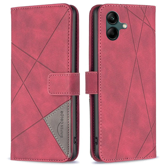 BINFEN COLOR For Samsung Galaxy F06 5G  /  M06 5G Phone Cases Wallet Stand Geometry Imprinted Leather Cover - Red