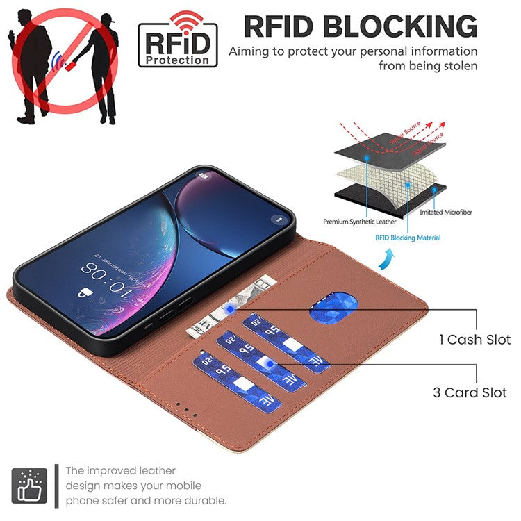 BINFEN COLOR BF33 For Samsung Galaxy F06 5G  /  M06 5G Leather Case Splicing Color RFID Blocking Wallet Stand Phone Cover - Brown