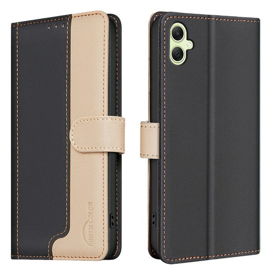 BINFEN COLOR BF33 For Samsung Galaxy F06 5G  /  M06 5G Leather Case Splicing Color RFID Blocking Wallet Stand Phone Cover - Black