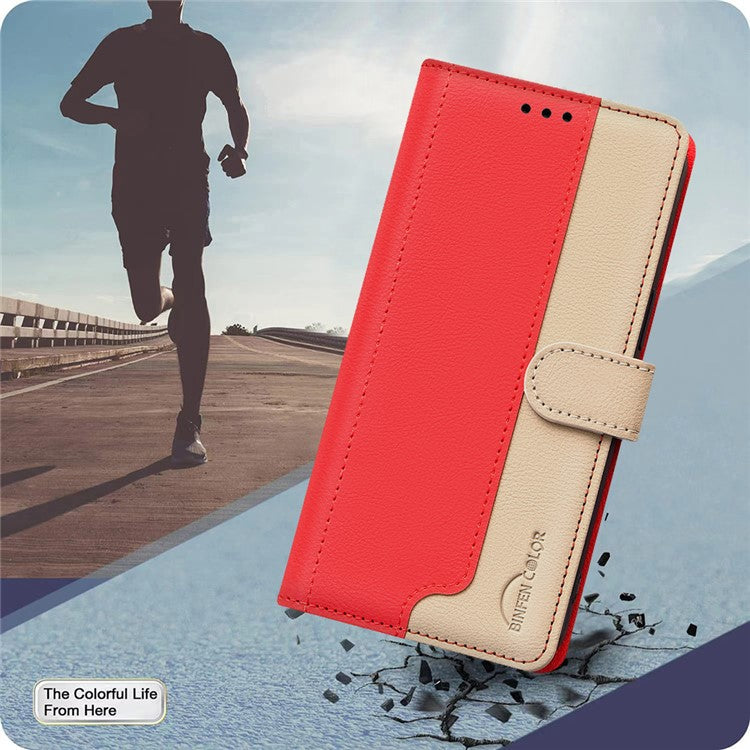 BINFEN COLOR BF33 For Samsung Galaxy F06 5G  /  M06 5G Leather Case Splicing Color RFID Blocking Wallet Stand Phone Cover - Red