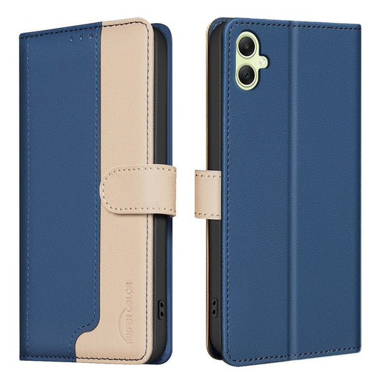 BINFEN COLOR BF33 For Samsung Galaxy F06 5G  /  M06 5G Leather Case Splicing Color RFID Blocking Wallet Stand Phone Cover - Blue