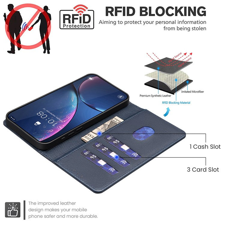 BINFEN COLOR BF32 For Samsung Galaxy F06 5G  /  M06 5G Leather Case Wallet RFID Blocking Phone Cover - Blue