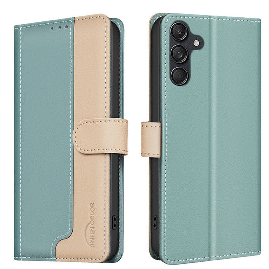 BINFEN COLOR BF33 For Samsung Galaxy F16 5G  /  M16 5G Leather Case Splicing Color RFID Blocking Wallet Stand Phone Cover - Green