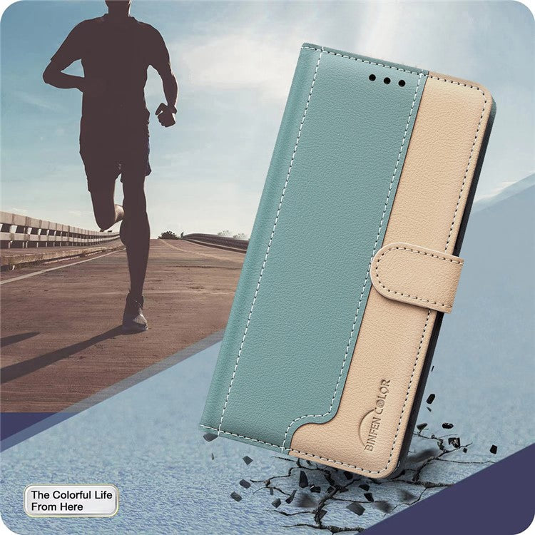 BINFEN COLOR BF33 For Samsung Galaxy F16 5G  /  M16 5G Leather Case Splicing Color RFID Blocking Wallet Stand Phone Cover - Green