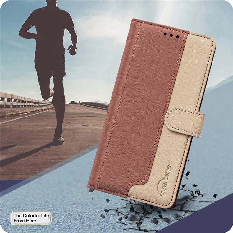 BINFEN COLOR BF33 For Samsung Galaxy F16 5G  /  M16 5G Leather Case Splicing Color RFID Blocking Wallet Stand Phone Cover - Brown