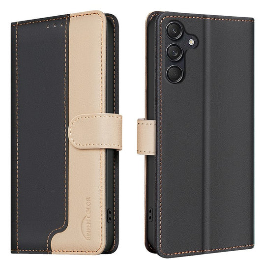 BINFEN COLOR BF33 For Samsung Galaxy F16 5G  /  M16 5G Leather Case Splicing Color RFID Blocking Wallet Stand Phone Cover - Black