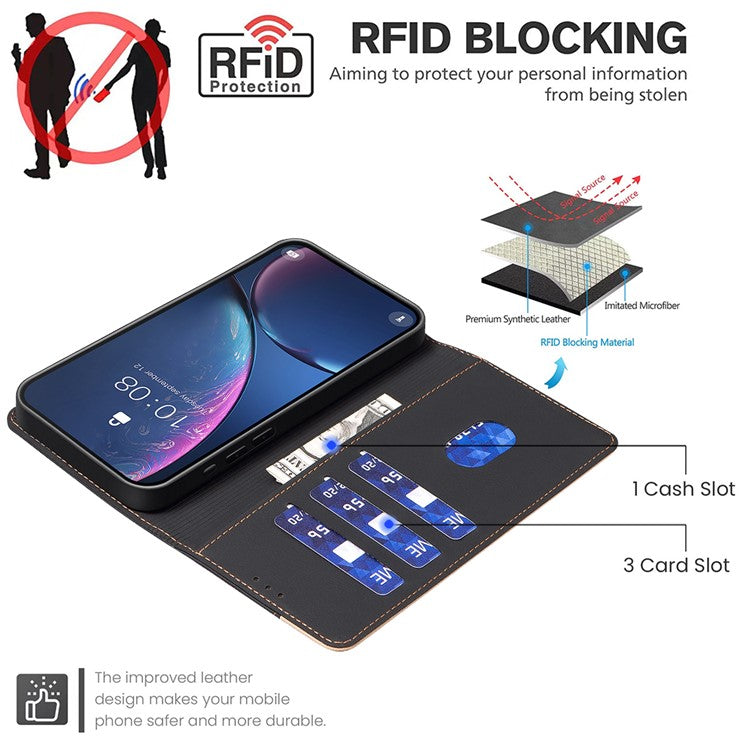 BINFEN COLOR BF33 For Samsung Galaxy F16 5G  /  M16 5G Leather Case Splicing Color RFID Blocking Wallet Stand Phone Cover - Black