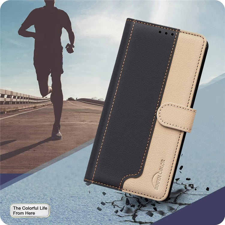 BINFEN COLOR BF33 For Samsung Galaxy F16 5G  /  M16 5G Leather Case Splicing Color RFID Blocking Wallet Stand Phone Cover - Black