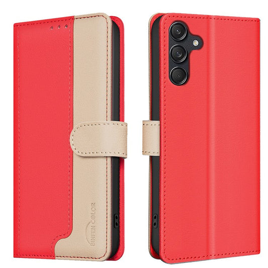 BINFEN COLOR BF33 For Samsung Galaxy F16 5G  /  M16 5G Leather Case Splicing Color RFID Blocking Wallet Stand Phone Cover - Red