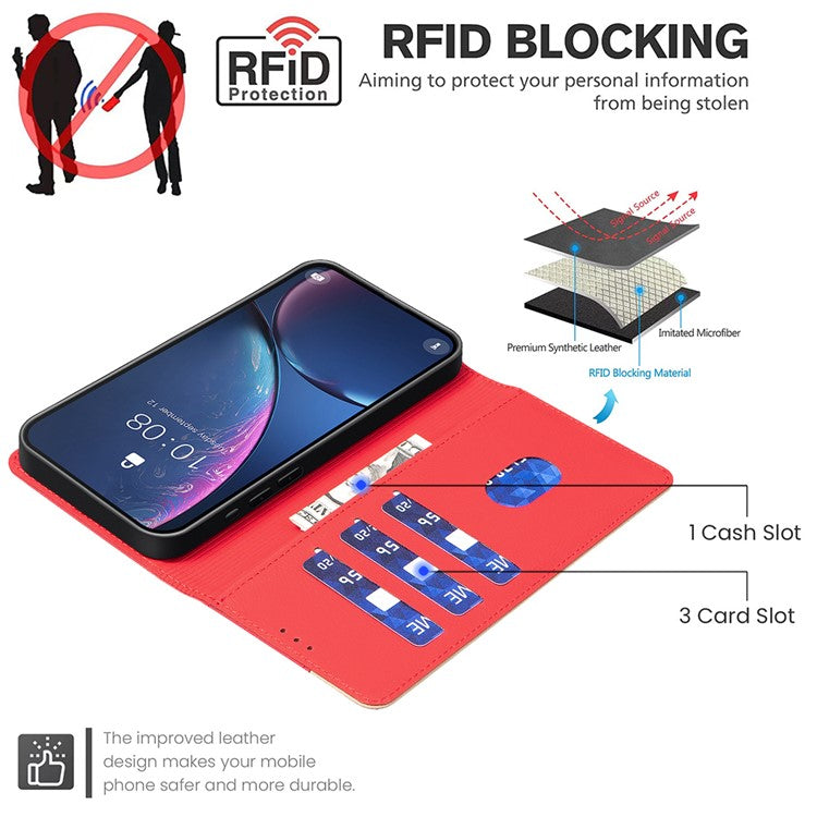 BINFEN COLOR BF33 For Samsung Galaxy F16 5G  /  M16 5G Leather Case Splicing Color RFID Blocking Wallet Stand Phone Cover - Red