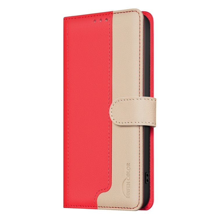 BINFEN COLOR BF33 For Samsung Galaxy F16 5G  /  M16 5G Leather Case Splicing Color RFID Blocking Wallet Stand Phone Cover - Red
